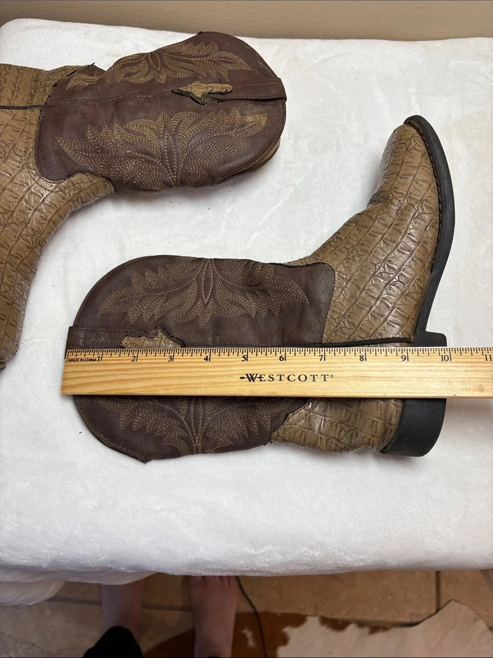 Kids’ Two-Tone Brown Western Cowboy Boots with Croc-Embossed Foot, 3